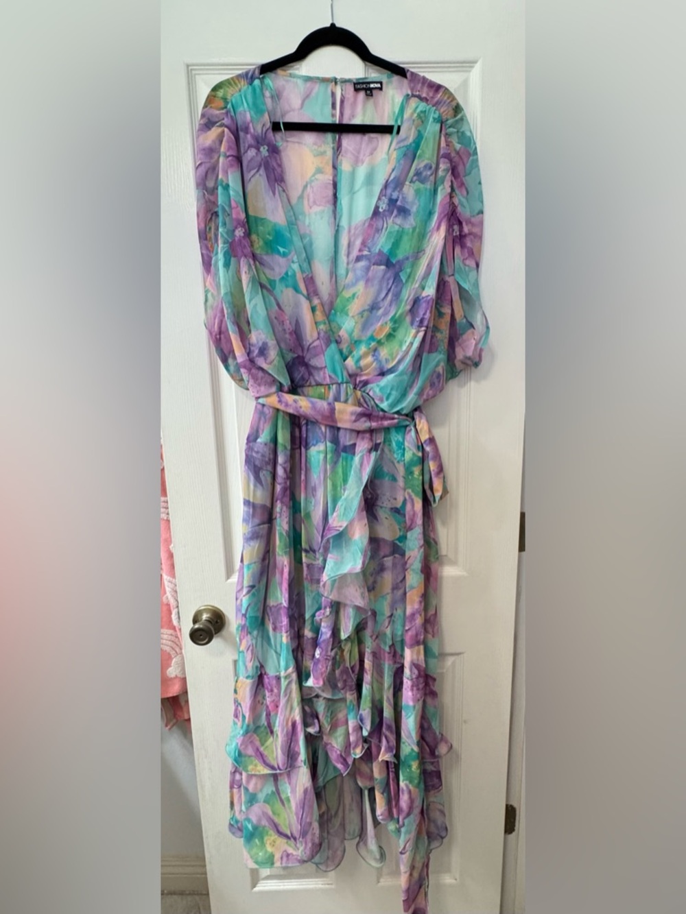 Fashion Nova Pastel Floral Midi Dress in Aqua, Lavender & Mint